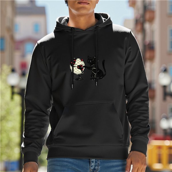 Black Hoodie With Cat Poking Globe Artwork Print