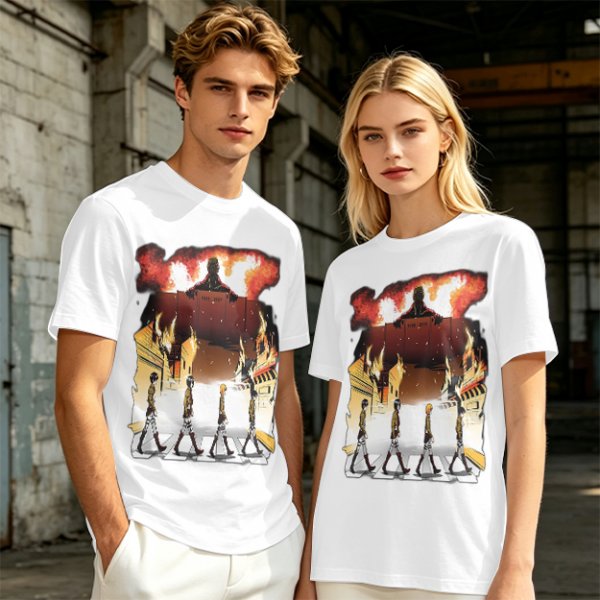 Olive T-Shirt With Anime Characters Crossing Burning Street Print