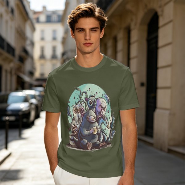 Olive T-Shirt With Magical Creature Group Art Print