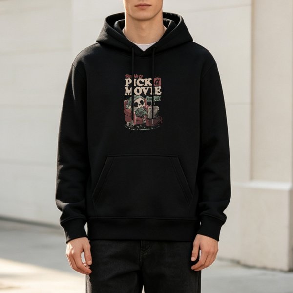 Black hoodie with skull watching movie graphic design
