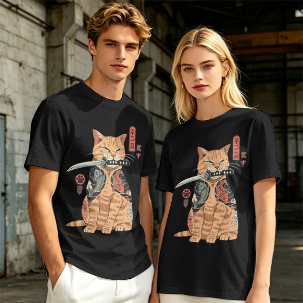Olive T-Shirt With Samurai Cat Holding Katana And Koi Tattoos