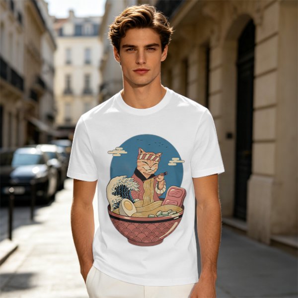 Cat Chef Eating Ramen in Great Wave Bowl T-Shirt