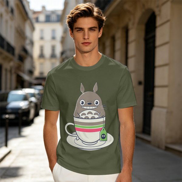 Totoro in Teacup Graphic Olive T-Shirt