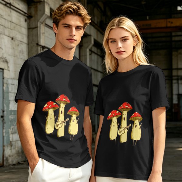 Olive T-Shirt with Singing Mushroom Band Graphic