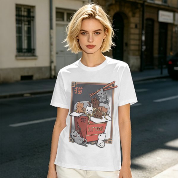 Olive t-shirt with playful kittens in takeout noodle box graphic
