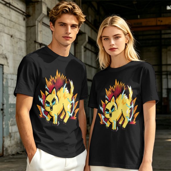 Olive T-Shirt With Super Saiyan Style Electric Cat Graphic