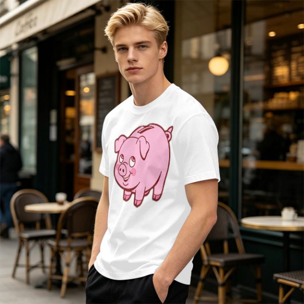 Olive Green T-Shirt With Cute Pink Piggy Bank Graphic Print