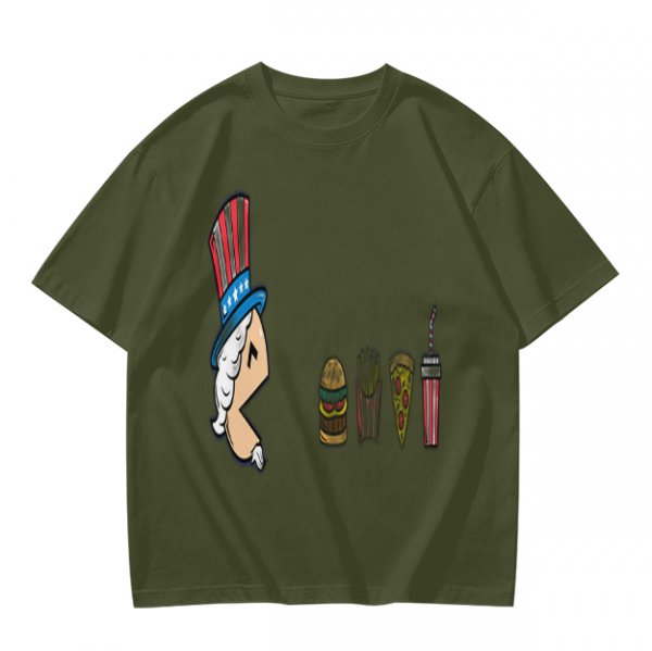 Olive T-Shirt With Uncle Sam Hat And Fast Food Graphic Print