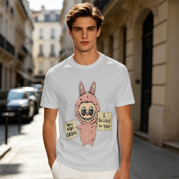 Olive T-shirt with a cute bunny monster holding You Are Great and I Believe In You signs