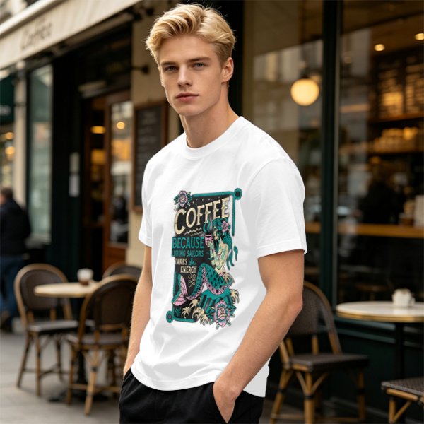 Olive t-shirt with mermaid coffee print 'Coffee Because Luring Sailors Takes Energy'