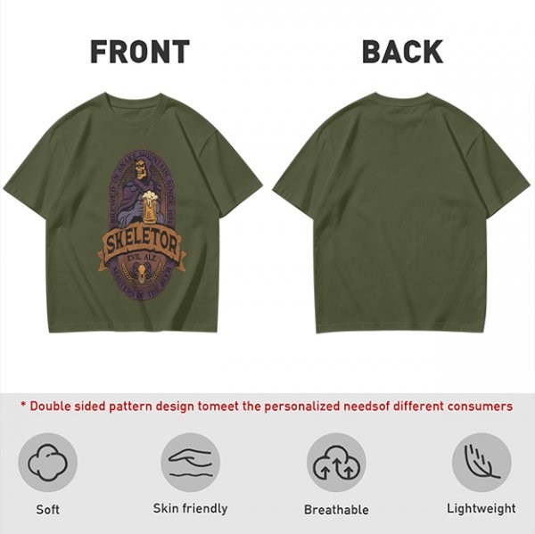 Olive green t-shirt with Skeletor Evil Ale beer graphic