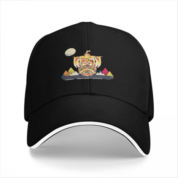 Black Baseball Cap With Colorful Ship And Mountain Graphic Print
