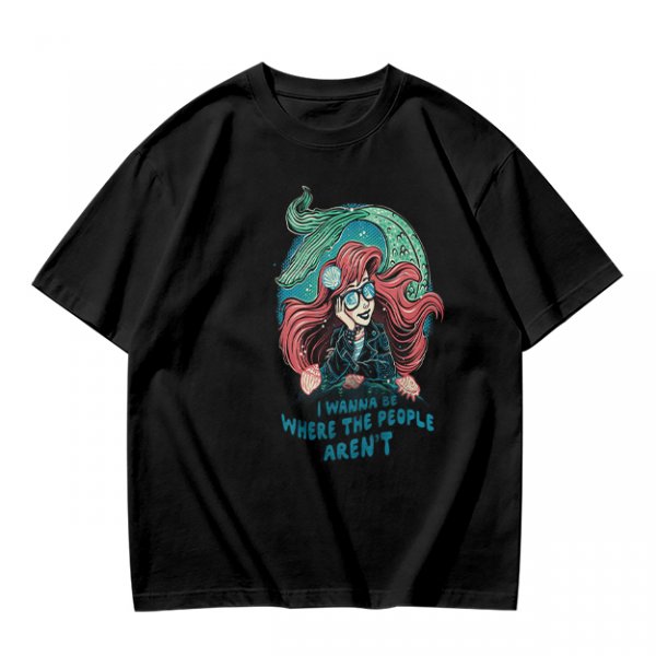Olive t-shirt with modern mermaid graphic and 'I wanna be where the people aren't' text
