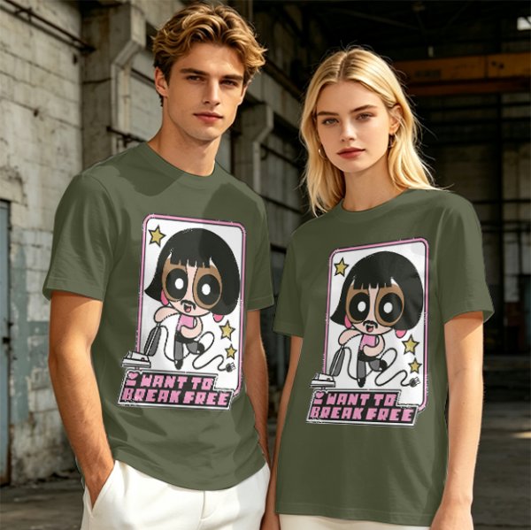 Olive green graphic t-shirt with Powerpuff-style character and 'I Want To Break Free' text