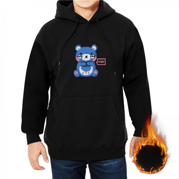 Black hoodie with grumpy blue bear graphic that says nope