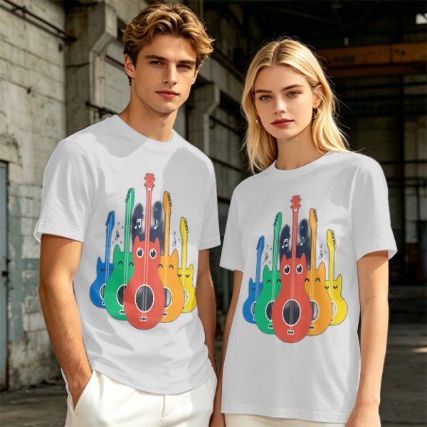 Olive T-Shirt With Colorful Cat Guitar Illustration