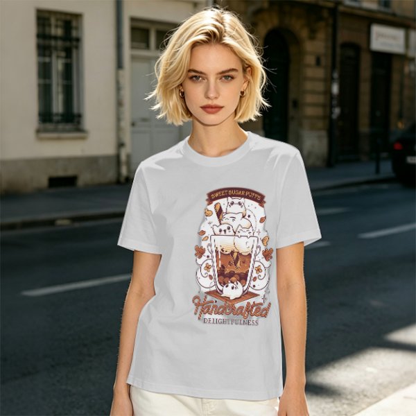 Olive t-shirt with cute cat bubble tea graphic print