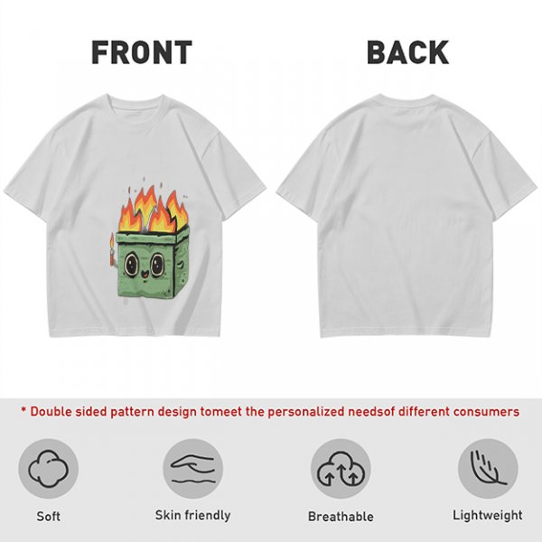 Olive green t-shirt with a cartoon burning box graphic