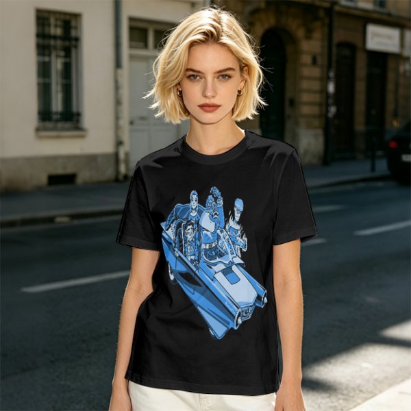 Olive T-shirt with retro blue cartoon car and characters graphic