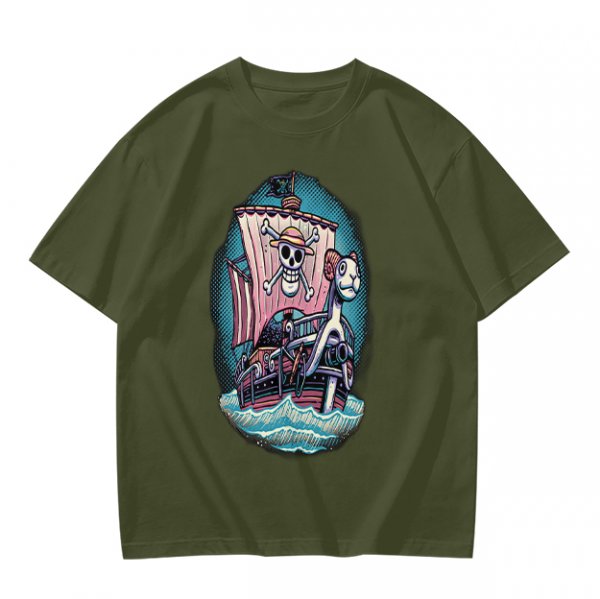 Olive T-shirt with One Piece Thousand Sunny Pirate Ship Print