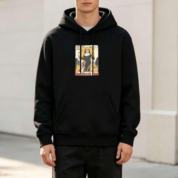 Black Hoodie With Funny Nun Martial Arts Graphic Print