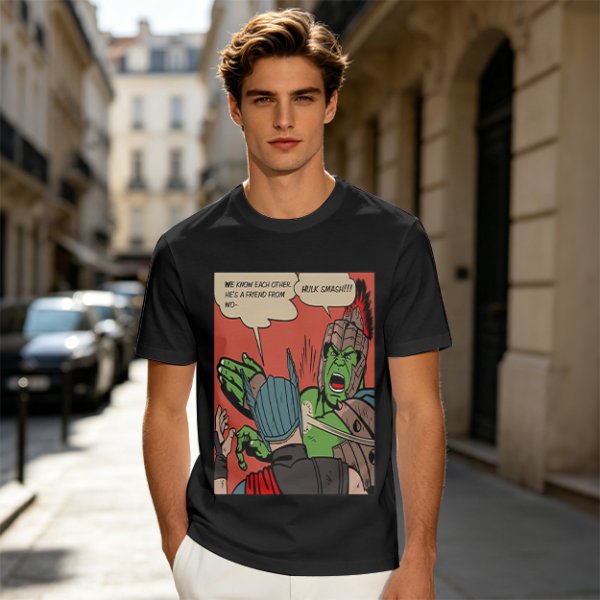 Olive t-shirt with comic print of Hulk and Thor mid-smashed interaction