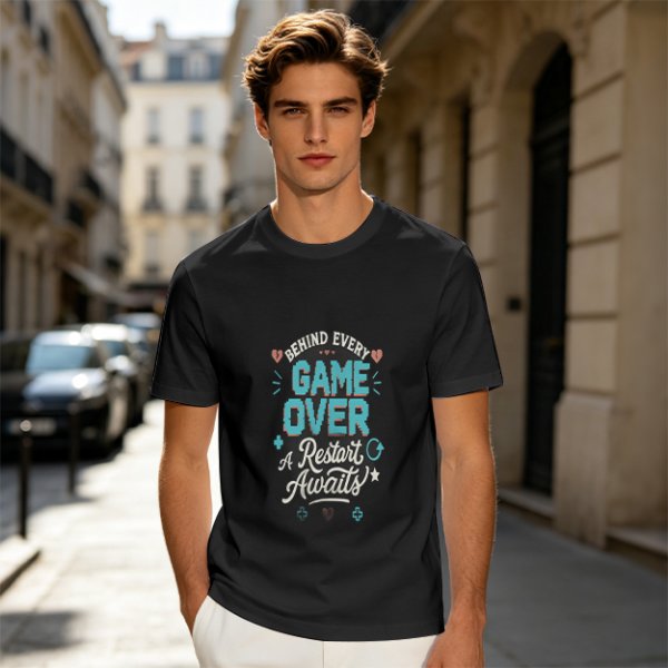 Olive t-shirt with 'Behind Every Game Over A Restart Awaits' gaming print