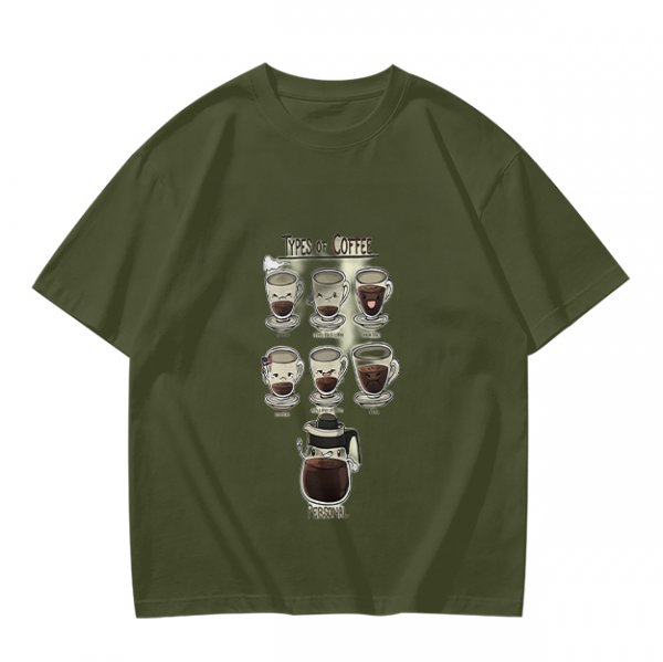 Olive Green T-Shirt With Cute Cartoon Coffee Cups Graphic