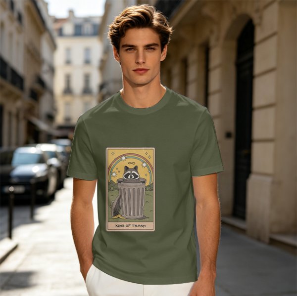 Olive T-Shirt With Raccoon Trash Tarot Card Graphic