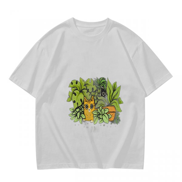 Olive T-Shirt With Playful Cat And House Plants Graphic