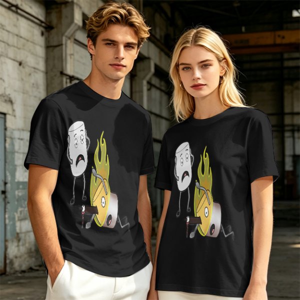 Olive T-Shirt With Cartoon Marshmallow and Burning Character Print