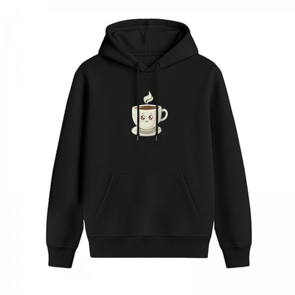 Black Hoodie With Cute Smiling Coffee Cup Graphic Print