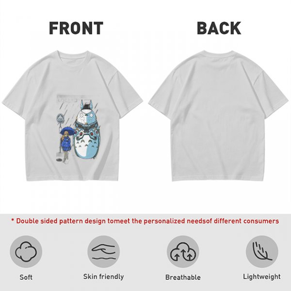 Olive T-Shirt with Mech Totoro and Girl at Bus Stop Print