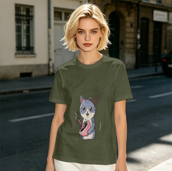 Olive Green T-Shirt With Cute Chef Cat Mixing Batter Print
