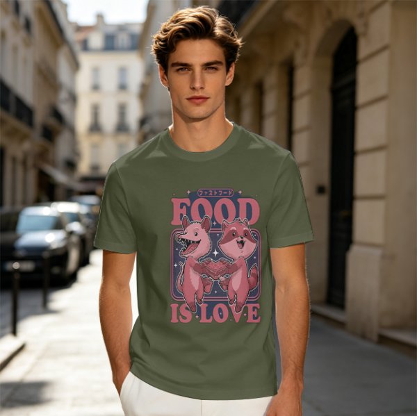 Olive graphic t-shirt with food is love and cartoon animal design