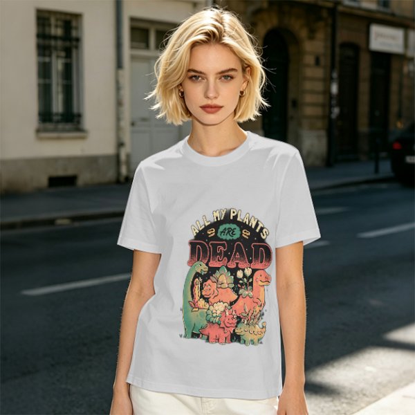 Olive graphic t-shirt with 'All My Plants Are Dead' dinosaur print