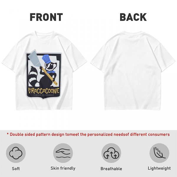 Olive green t-shirt with raccoon chef graphic and text