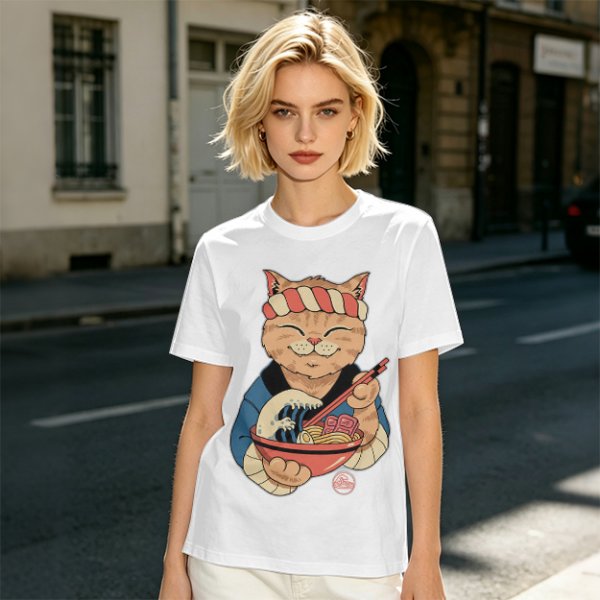Olive T-Shirt with Japanese Ramen Chef Cat Graphic