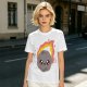 Olive green t-shirt with cute cartoon flaming asteroid graphic