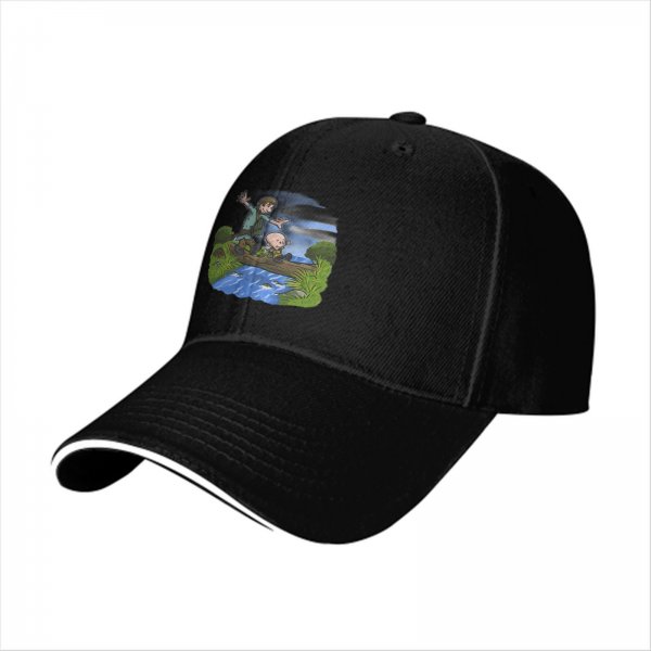 Black Baseball Cap With Cartoon Boys Crossing Stream Artwork