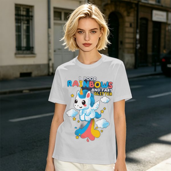 Olive t-shirt with playful unicorn rainbow poop and glitter fart graphic