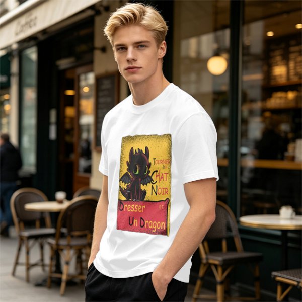 Olive t-shirt featuring Toothless dragon and Chat Noir themed text