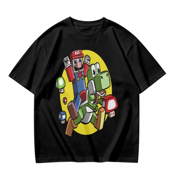 Olive T-shirt with Block Style Mario Riding Yoshi and Mushroom Graphics