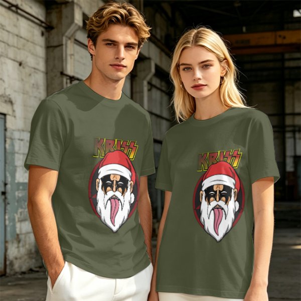Olive T-Shirt with Kriss Santa Rock Band Graphic Print