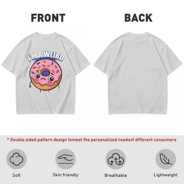 Olive green t-shirt with sad donut graphic and 'I'M A WEIRD' text