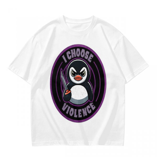 Olive t-shirt with angry penguin holding knife and I Choose Violence print