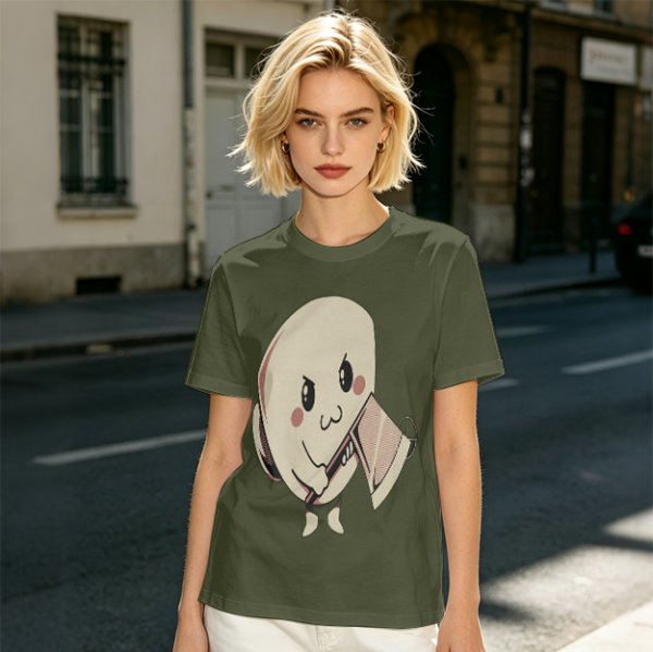Olive T-Shirt With Cute Angry Ghost Holding Axe Graphic