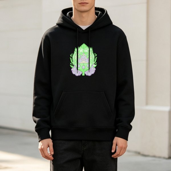 Black hoodie with green leaf and purple creature graphic