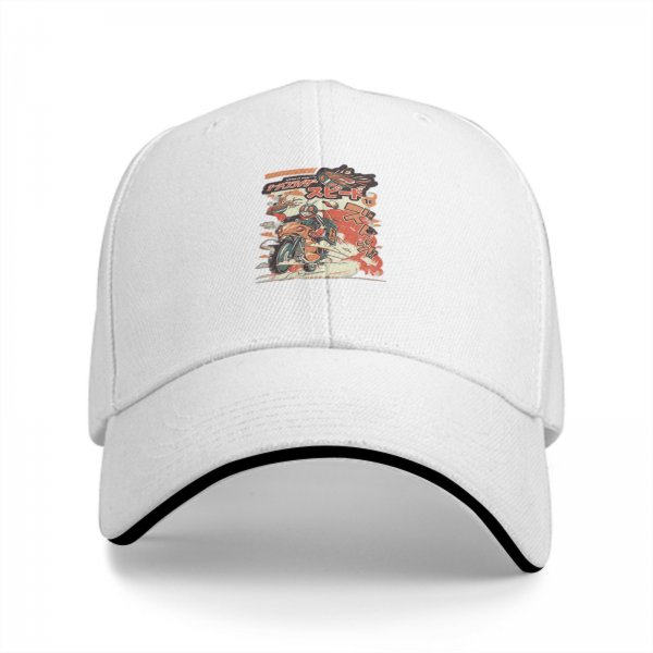 Black baseball cap with retro anime motorcycle graphic print