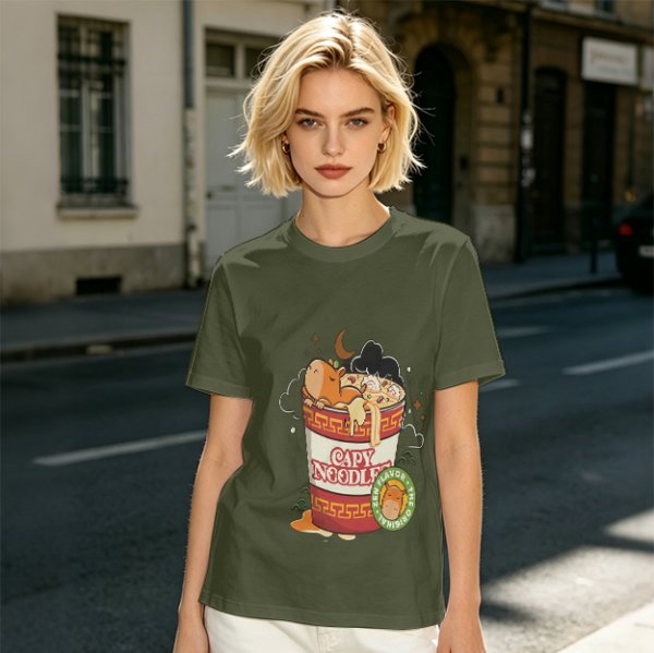 Olive T-Shirt with Capybara in Cup Noodle Graphic Print